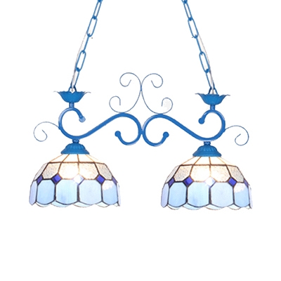 Mediterranean Style Dome Chandelier 2 Lights Glass Pendant Light in Blue for Bedroom Hallway