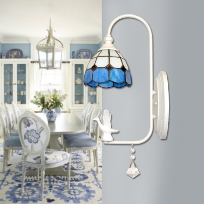 Mediterranean Stylish Dome Wall Light 1 Head Glass Wall Sconce with Crystal & Swan in White for Hallway