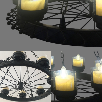 Metal Candle Chandelier with Wheel Cafe 8 Lights Industrial Suspension Light in Matte Black