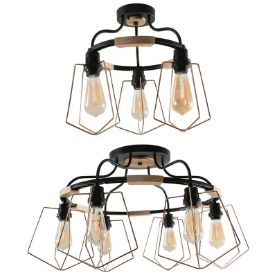 Metal Round Semi Flush Ceiling Light 3/6 Lights Antique Style Ceiling Lamp with Cage for Balcony