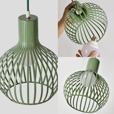 Metal Wire Frame Hanging Lamp with Round Canopy Shop 3 Lights Nordic Style Suspension Light in Green/Grey/Pink/Yellow