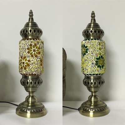 Moroccan Star Cylinder Table Light 1 Light Glass Metal Desk Light in Green/Yellow for Restaurant