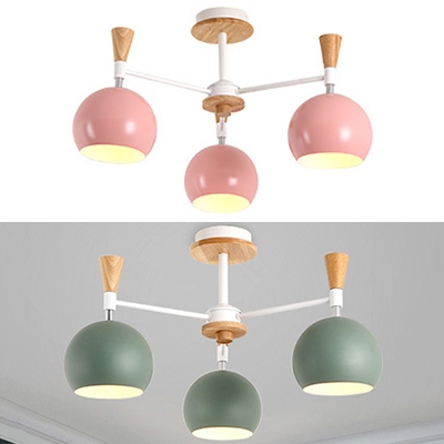 Nordic Style Green/Pink Chandelier Globe 3 Lights Metal Wood Suspension Light for Kitchen