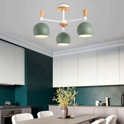 Nordic Style Green/Pink Chandelier Globe 3 Lights Metal Wood Suspension Light for Kitchen