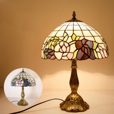 Plant Living Room Table Lamp Stained Glass One Light Rustic Tiffany Desk Light with Plug-In Cord