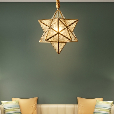 Restaurant Star Shade Pendant Light Glass 1 Light Colonial Style Brass Hanging Light