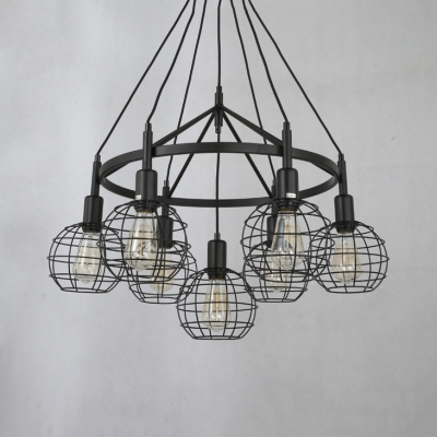 Ring Dining Table Pendant Lamp with Orb Cage Metal 7 Lights Industrial Chandelier in Black