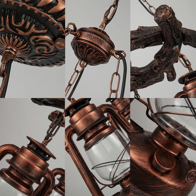 Rustic Aged Brass/Copper Chandelier with Branch 3 Lights Glass Kerosene Hanging Light for Bar Cafe