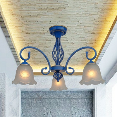 Rustic Floral Chandelier 3/5/6/8 Lights Frosted Glass Ceiling Pendant Light in Blue for Hallway