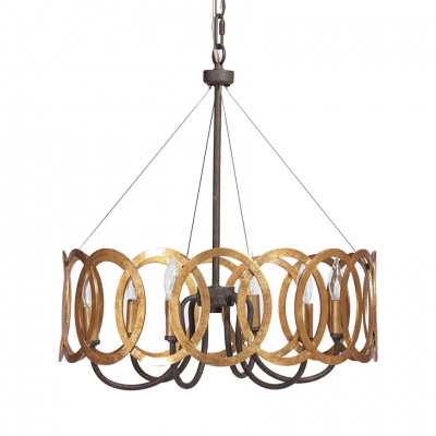 Rustic Style Rust Pendant Lamp Candle 6 Lights Metal Chandelier with Round Shade for Villa