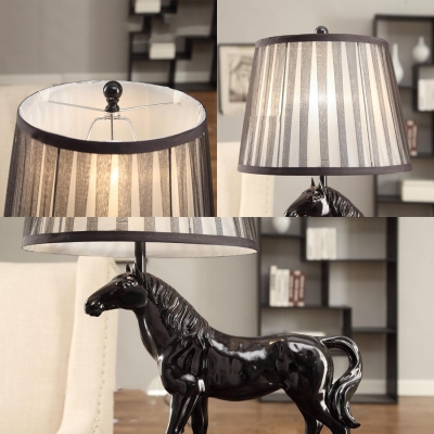 Rustic Style Stripe Drum Table Light 1 Light Resin Reading Light with Horse in Black for Office