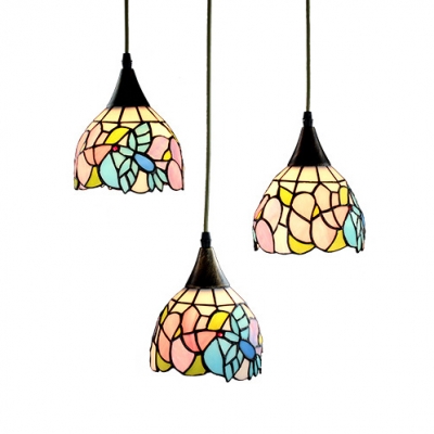 Stained Glass Dome Pendant Light Living Room 3 Lights Tiffany Rustic Ceiling Pendant with Aged Brass Canopy