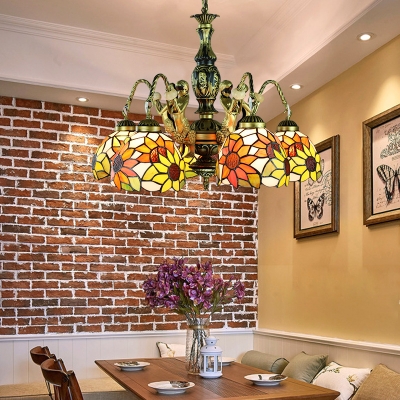 Sunflower Restaurant Suspension Light with Mermaid Stained Glass 5 Lights Tiffany Style Rustic Hanging Light