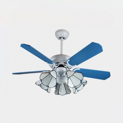 Tiffany Cone Semi Flushmount Light Glass 3/5 Heads White LED Ceiling Fan with 5 Blade for Restaurant