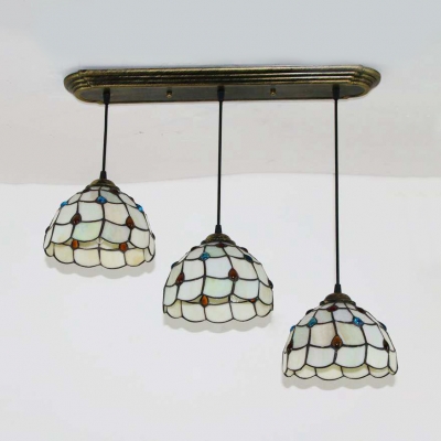 Tiffany Lattice Bowl Pendant Lamp Dining Room 3 Lights Beige/Dimple Glass Hanging Light