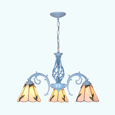 Tiffany Style Cone Pendant Light with Leaf Decoration Glass 3 Lights Chandelier for Foyer