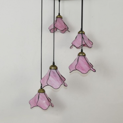 Tiffany Style Creative Pendant Light Floral Shade 5/8 Lights Blue/Clear/Pink Glass Ceiling Lamp for Swirl Stair