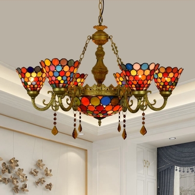 Tiffany Style Dome Chandelier Stained Glass 7 Lights Hanging Lamp with Crystal for Cafe Hotel