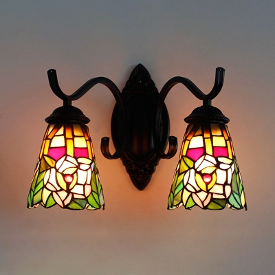 Tiffany Style Flower Sconce Light Stained Glass 2 Lights Wall Lamp for Living Room Foyer