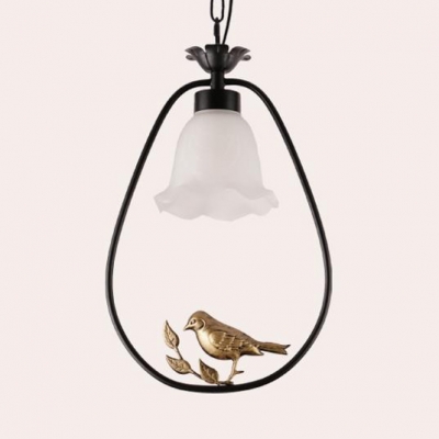 Traditional Flower Pendant Light with Bird & Circle/Oval Ring Frosted Glass Hanging Lamp for Balcony
