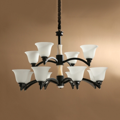 Villa Bell Shade Suspension Light Frosted Glass 2-Tier 12 Lights Antique Style White Chandelier