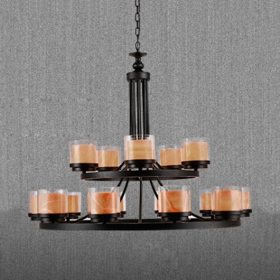 Villa Cylinder Candle Chandelier Metal 2-Tier 15 Lights American Rustic Black Hanging Light