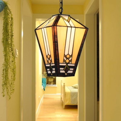 Vintage Style Lantern Pendant Light 1 Head Glass Hanging Light in Beige for Hallway Kitchen