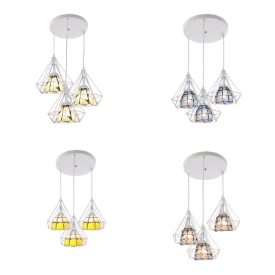 White Diamond Cage Pendant Light 3 Lights Tiffany Style Metal Hanging Lamp for Restaurant