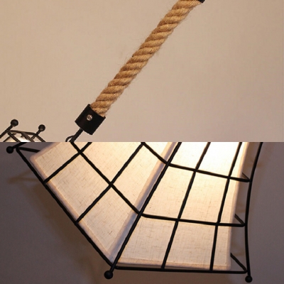 White Tapered Pendant Lamp with Cage 1 Light Rustic Style Fabric Hanging Light for Shop Bar
