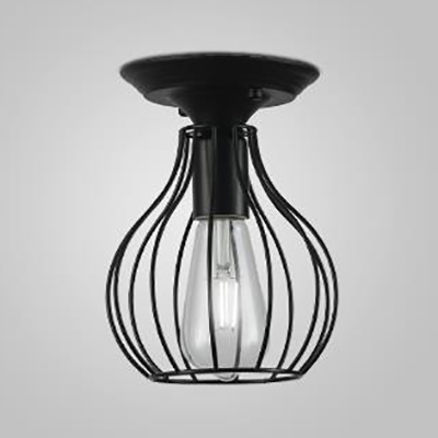 Wire Frame Porch Ceiling Mount Light Metal One Light Industrial Stylish Ceiling Lamp in Black