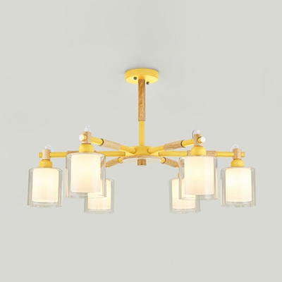 Wood Glass Cylinder Pendant Light 6 Lights Modern Chandelier with Macaron Color for Restaurant