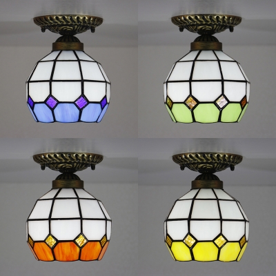 1 Light Lattice Globe Flush Light Tiffany Rustic Glass Ceiling Mount Light for Bedroom