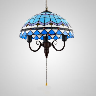 3 Lights Candle Hanging Light Mediterranean Stained Glass Ceiling Light with Pull Chain for Restaurant