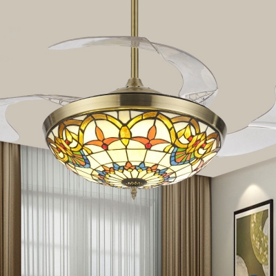 42 Inch Tiffany Semi Flush Mount Light with Invisible Blade Stained Glass LED Ceiling Fan for Bedroom