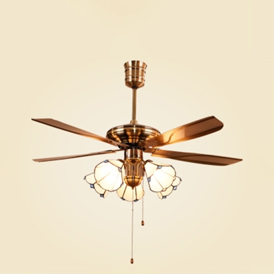 5 Lights Cone LED Ceiling Fan with Pull Chain Antique Glass Ceiling Lamp in White for Dining Room