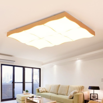 Wood Curve Rectangle LED Flush Light Contemporary Ceiling Lamp in Warm/White for Study Room