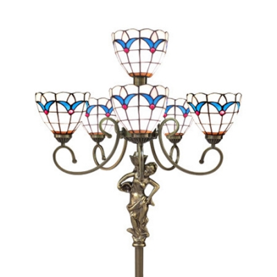 4/6 Heads Floor Lamp Tiffany Antique Art Glass Resin Floor Light in Brass for Dining Room