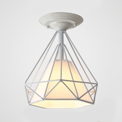 Metal Diamond Cage Flushmount Light 1 Bulb Industrial Style Ceiling Light in Black/White for Bedroom