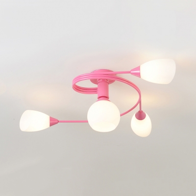 Macaron Stylish Bud Semi Flush Ceiling Light 4/6 Lights Opal Glass Ceiling Lamp in Blue/Pink for Bedroom