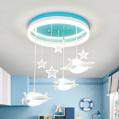 Airplane/Cloud Kindergarten Ceiling Lamp Acrylic Creative LED Semi Ceiling Mount Light in Blue