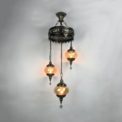 Amber Lantern Shape Chandelier 3 Lights Antique Style Swirl Glass Hanging Light for KTV Bar