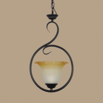 American Rustic Flower Shade Pendant Light 1 Light Glass Hanging Lamp in Black/White for Balcony