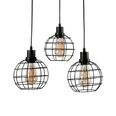Black Finish Spherical Cage Pendant Light 3/4/5 Light Antique Stylish Metal Hanging Light for Restaurant