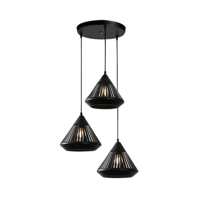 Black Hollow Cone Hanging Light Linear/Round Canopy 3 Lights Vintage Metal Ceiling Lamp for Shop