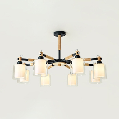 Black/White Cylinder Chandelier 8 Lights Modern Wood Glass Ceiling Light for Dining Room