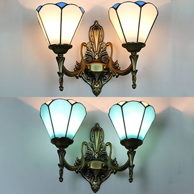 Blue/White Cone Wall Sconce 2 Lights Tiffany Style Antique Glass Sconce Light for Hotel Hallway