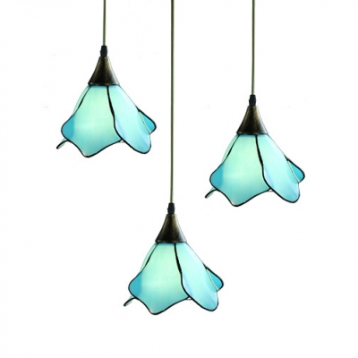 Cafe Petal Shaped Pendant Light Glass 3 Heads Tiffany Style Modern Blue Hanging Light