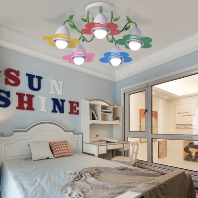 Colorful Flower Semi Flush Mount Light 3/5 Lights Lovely Metal Light Fixture for Child Bedroom