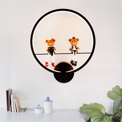Cute Circle Wall Sconce with Toy Decoration Metal Black Wall Light in Third Gear for Boy Girl Bedroom