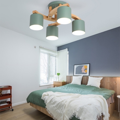 Cylinder Dining Room Ceiling Light Metal 4 Lights Nordic Style Semi Flush Mount Light in Macaron Green